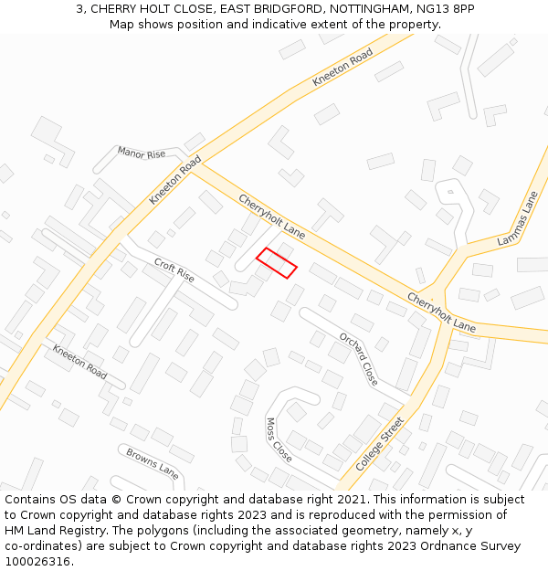 3, CHERRY HOLT CLOSE, EAST BRIDGFORD, NOTTINGHAM, NG13 8PP: Location map and indicative extent of plot