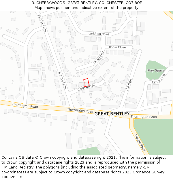 3, CHERRYWOODS, GREAT BENTLEY, COLCHESTER, CO7 8QF: Location map and indicative extent of plot