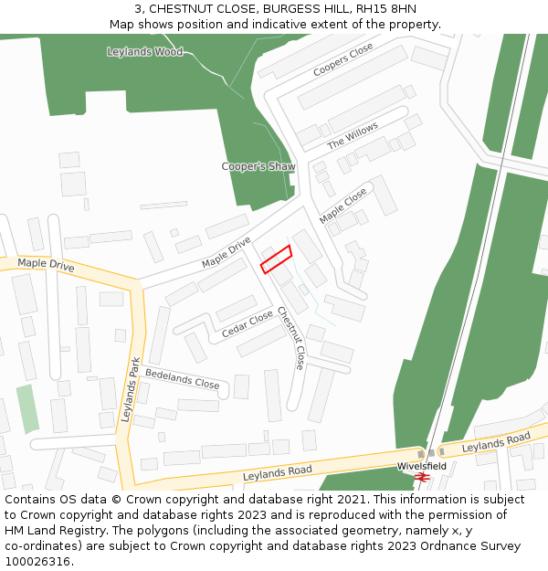 3, CHESTNUT CLOSE, BURGESS HILL, RH15 8HN: Location map and indicative extent of plot