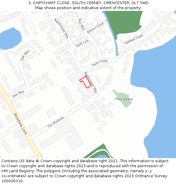 3, CHIFFCHAFF CLOSE, SOUTH CERNEY, CIRENCESTER, GL7 5WD: Location map and indicative extent of plot