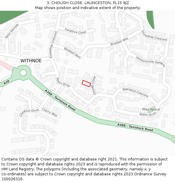 3, CHOUGH CLOSE, LAUNCESTON, PL15 9JZ: Location map and indicative extent of plot