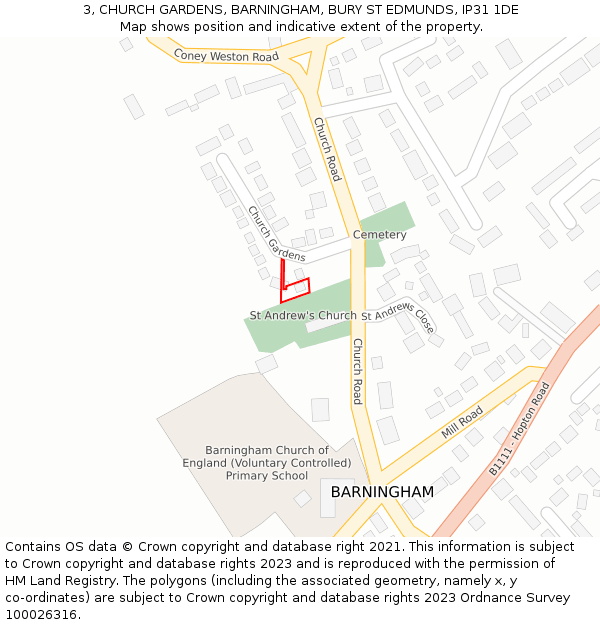 3, CHURCH GARDENS, BARNINGHAM, BURY ST EDMUNDS, IP31 1DE: Location map and indicative extent of plot