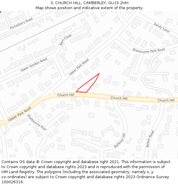 3, CHURCH HILL, CAMBERLEY, GU15 2HH: Location map and indicative extent of plot