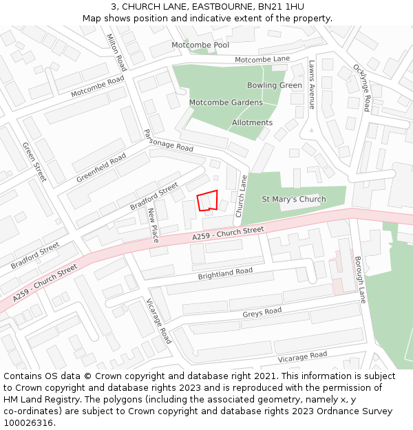 3, CHURCH LANE, EASTBOURNE, BN21 1HU: Location map and indicative extent of plot