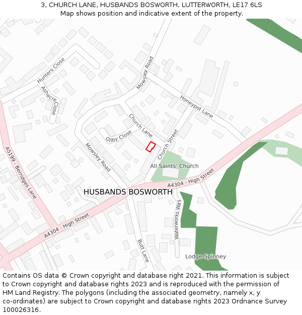 3, CHURCH LANE, HUSBANDS BOSWORTH, LUTTERWORTH, LE17 6LS: Location map and indicative extent of plot