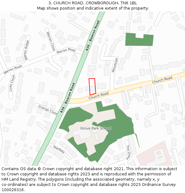 3, CHURCH ROAD, CROWBOROUGH, TN6 1BL: Location map and indicative extent of plot