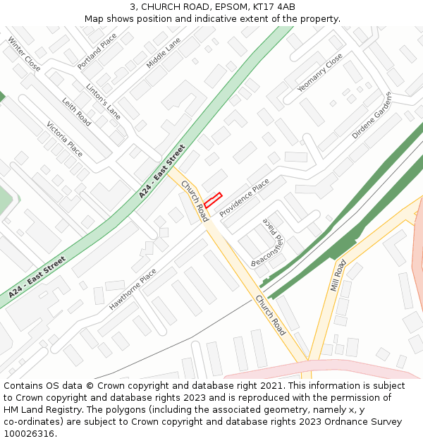 3, CHURCH ROAD, EPSOM, KT17 4AB: Location map and indicative extent of plot