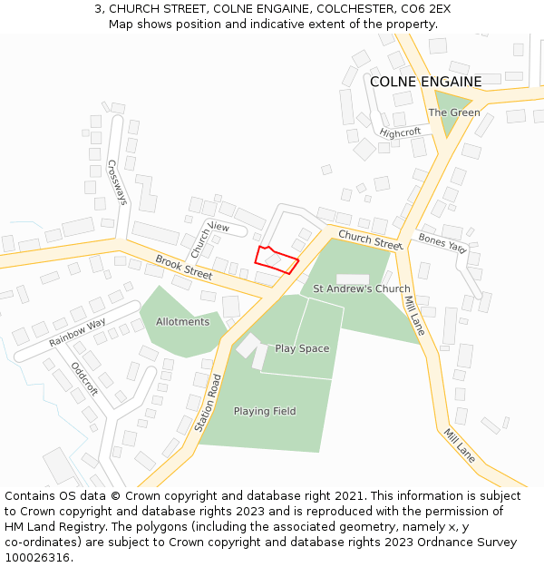 3, CHURCH STREET, COLNE ENGAINE, COLCHESTER, CO6 2EX: Location map and indicative extent of plot