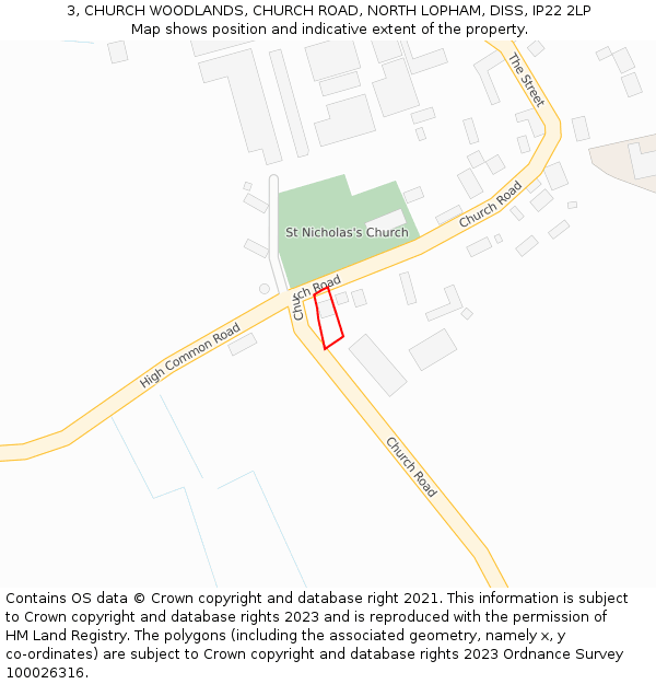 3, CHURCH WOODLANDS, CHURCH ROAD, NORTH LOPHAM, DISS, IP22 2LP: Location map and indicative extent of plot