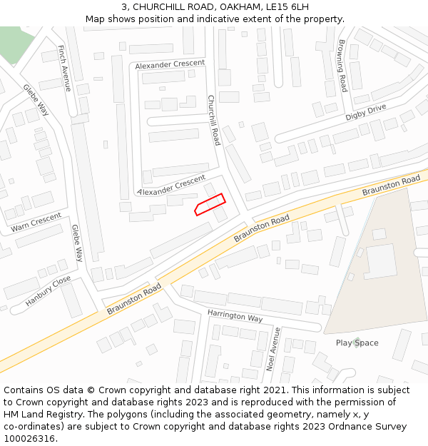 3, CHURCHILL ROAD, OAKHAM, LE15 6LH: Location map and indicative extent of plot