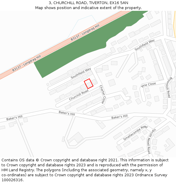 3, CHURCHILL ROAD, TIVERTON, EX16 5AN: Location map and indicative extent of plot