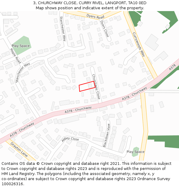 3, CHURCHWAY CLOSE, CURRY RIVEL, LANGPORT, TA10 0ED: Location map and indicative extent of plot