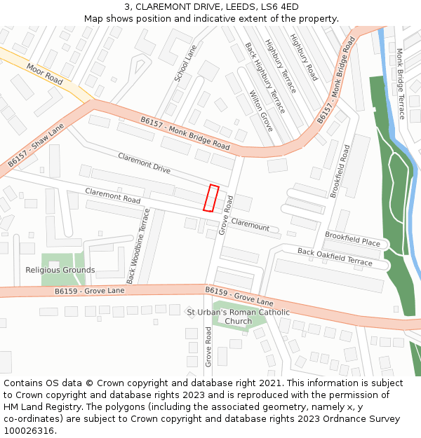 3, CLAREMONT DRIVE, LEEDS, LS6 4ED: Location map and indicative extent of plot