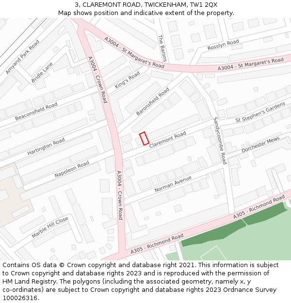 3, CLAREMONT ROAD, TWICKENHAM, TW1 2QX: Location map and indicative extent of plot