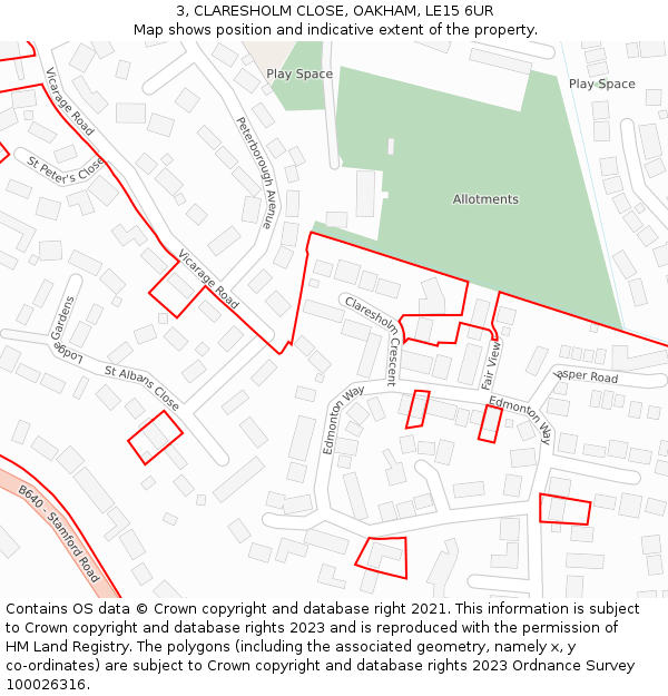 3, CLARESHOLM CLOSE, OAKHAM, LE15 6UR: Location map and indicative extent of plot