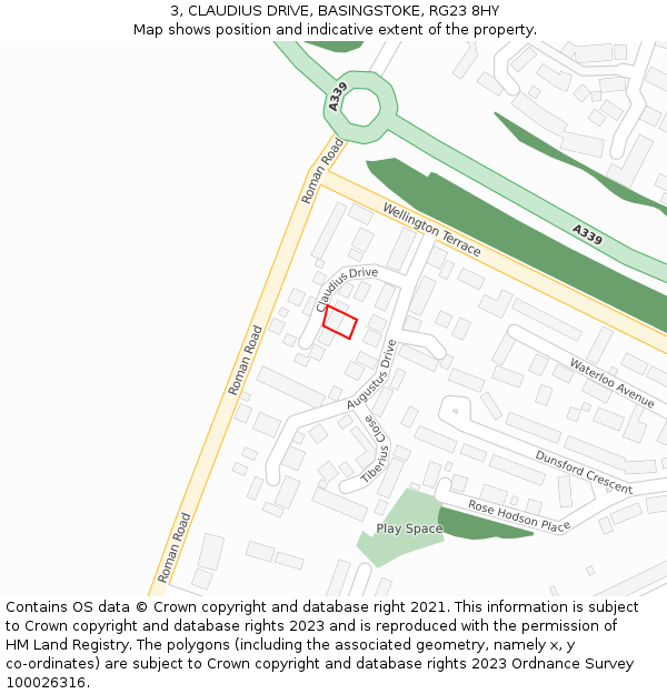 3, CLAUDIUS DRIVE, BASINGSTOKE, RG23 8HY: Location map and indicative extent of plot