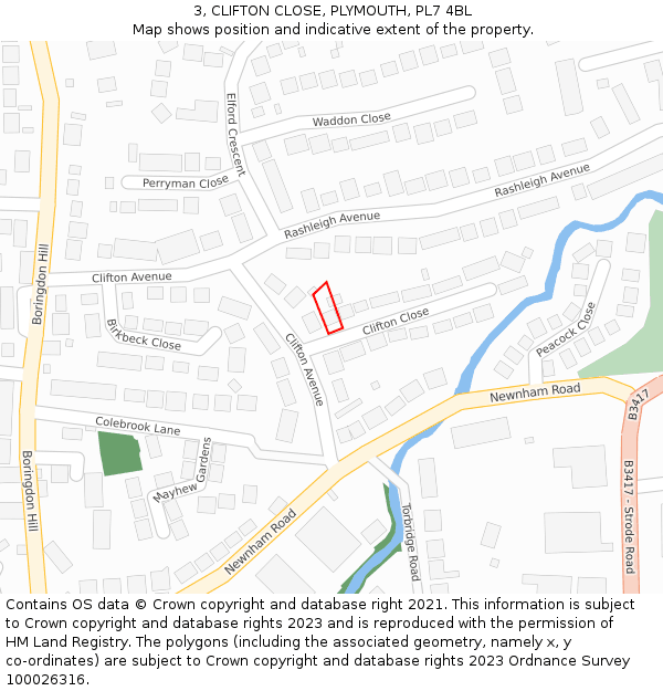 3, CLIFTON CLOSE, PLYMOUTH, PL7 4BL: Location map and indicative extent of plot