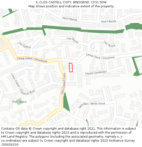 3, CLOS CASTELL COITY, BRIDGEND, CF31 5DW: Location map and indicative extent of plot