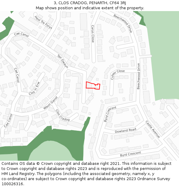 3, CLOS CRADOG, PENARTH, CF64 3RJ: Location map and indicative extent of plot