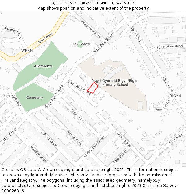 3, CLOS PARC BIGYN, LLANELLI, SA15 1DS: Location map and indicative extent of plot