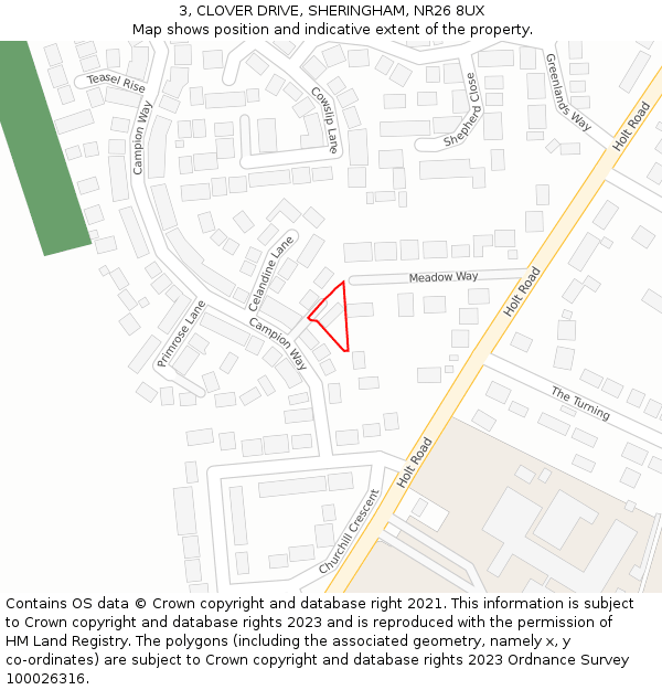 3, CLOVER DRIVE, SHERINGHAM, NR26 8UX: Location map and indicative extent of plot