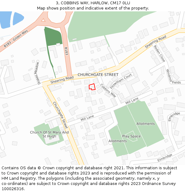 3, COBBINS WAY, HARLOW, CM17 0LU: Location map and indicative extent of plot