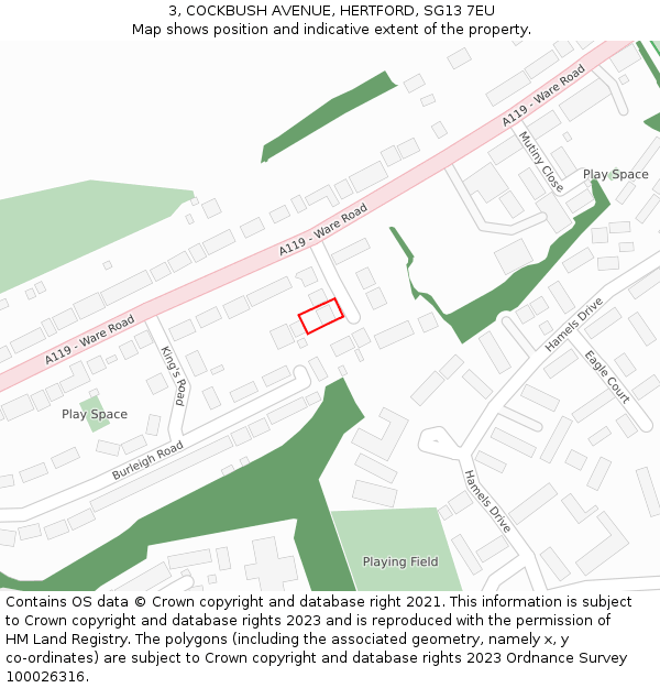 3, COCKBUSH AVENUE, HERTFORD, SG13 7EU: Location map and indicative extent of plot