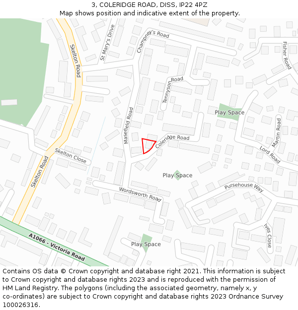 3, COLERIDGE ROAD, DISS, IP22 4PZ: Location map and indicative extent of plot