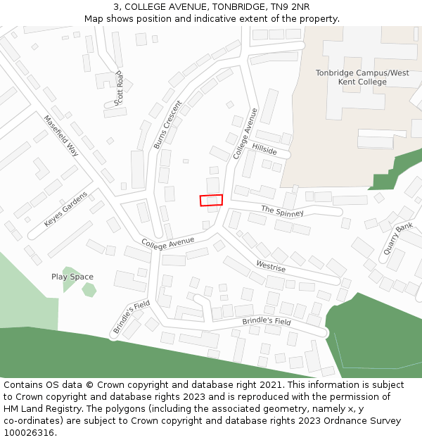 3, COLLEGE AVENUE, TONBRIDGE, TN9 2NR: Location map and indicative extent of plot