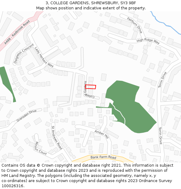 3, COLLEGE GARDENS, SHREWSBURY, SY3 9BF: Location map and indicative extent of plot