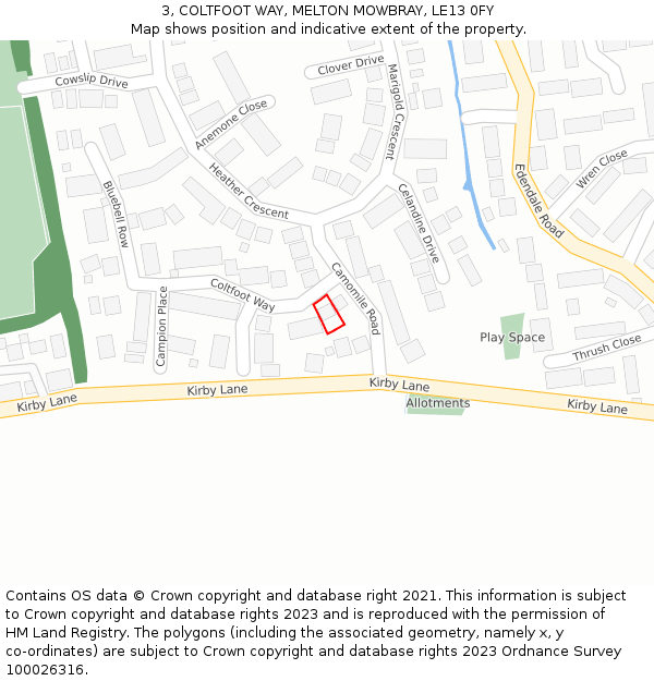 3, COLTFOOT WAY, MELTON MOWBRAY, LE13 0FY: Location map and indicative extent of plot