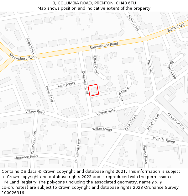 3, COLUMBIA ROAD, PRENTON, CH43 6TU: Location map and indicative extent of plot