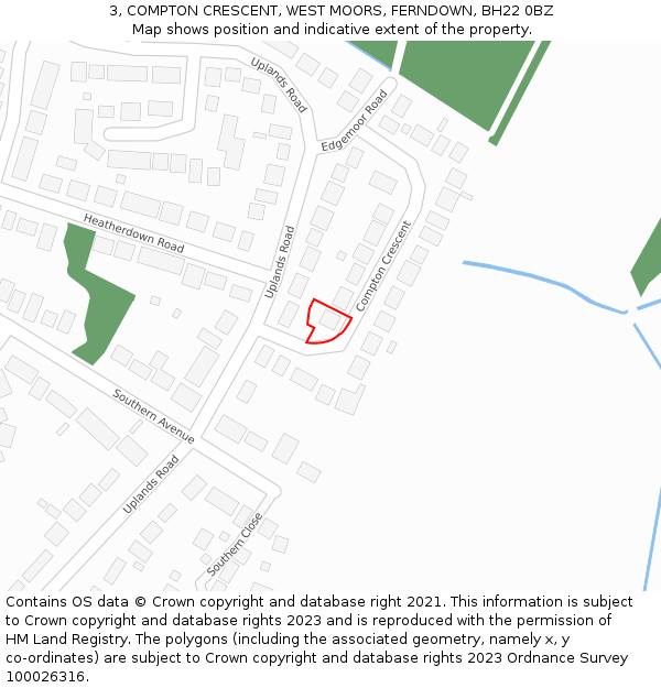 3, COMPTON CRESCENT, WEST MOORS, FERNDOWN, BH22 0BZ: Location map and indicative extent of plot