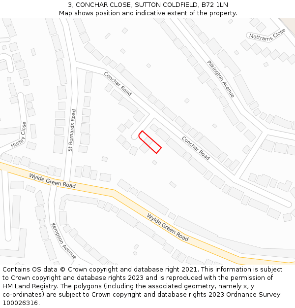 3, CONCHAR CLOSE, SUTTON COLDFIELD, B72 1LN: Location map and indicative extent of plot