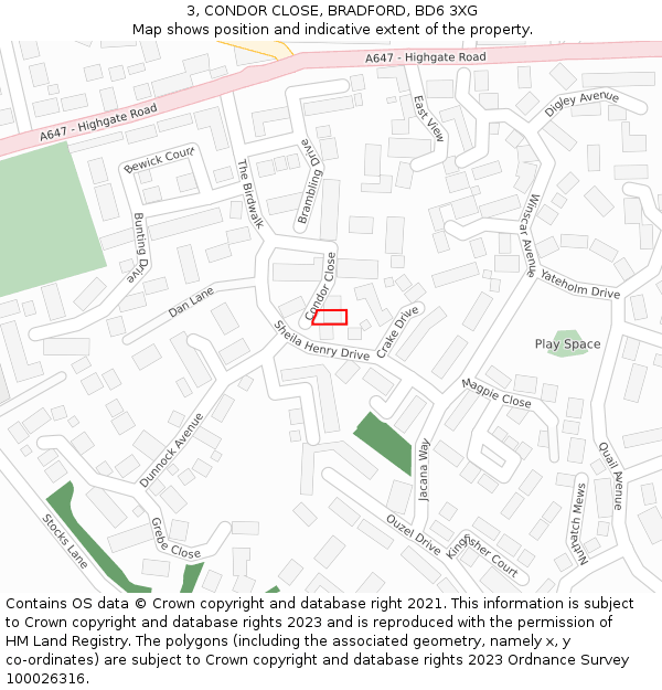 3, CONDOR CLOSE, BRADFORD, BD6 3XG: Location map and indicative extent of plot