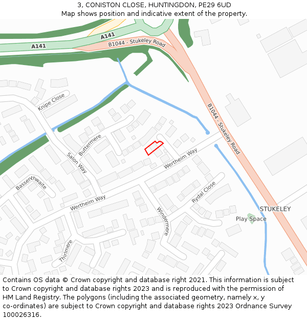 3, CONISTON CLOSE, HUNTINGDON, PE29 6UD: Location map and indicative extent of plot