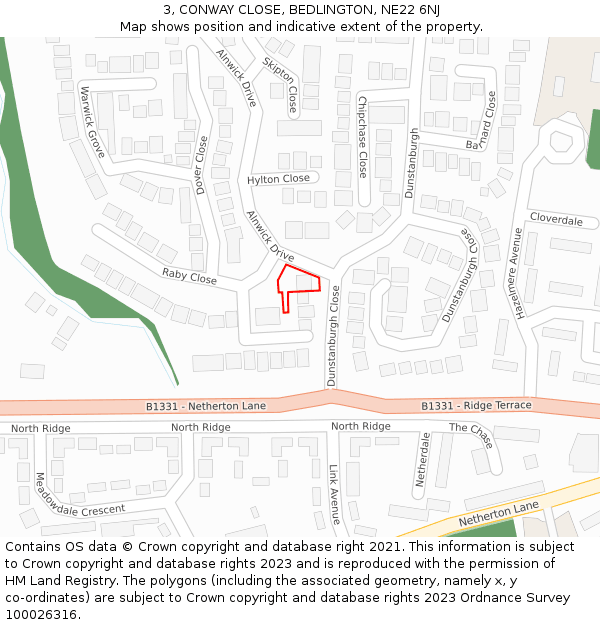 3, CONWAY CLOSE, BEDLINGTON, NE22 6NJ: Location map and indicative extent of plot