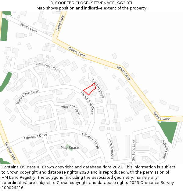 3, COOPERS CLOSE, STEVENAGE, SG2 9TL: Location map and indicative extent of plot