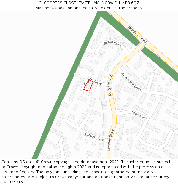 3, COOPERS CLOSE, TAVERHAM, NORWICH, NR8 6QZ: Location map and indicative extent of plot