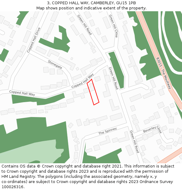 3, COPPED HALL WAY, CAMBERLEY, GU15 1PB: Location map and indicative extent of plot