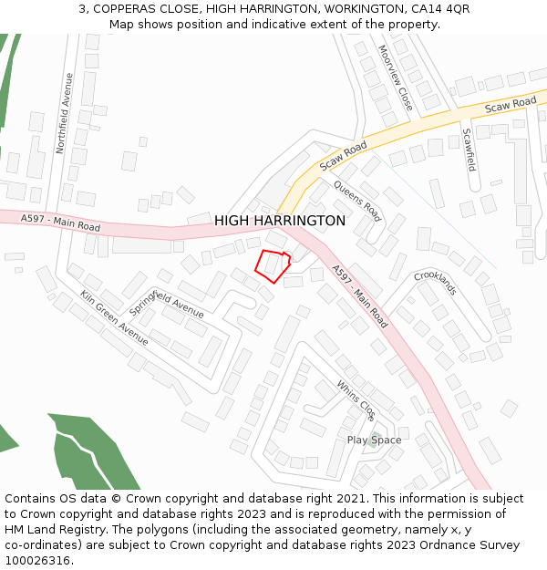 3, COPPERAS CLOSE, HIGH HARRINGTON, WORKINGTON, CA14 4QR: Location map and indicative extent of plot