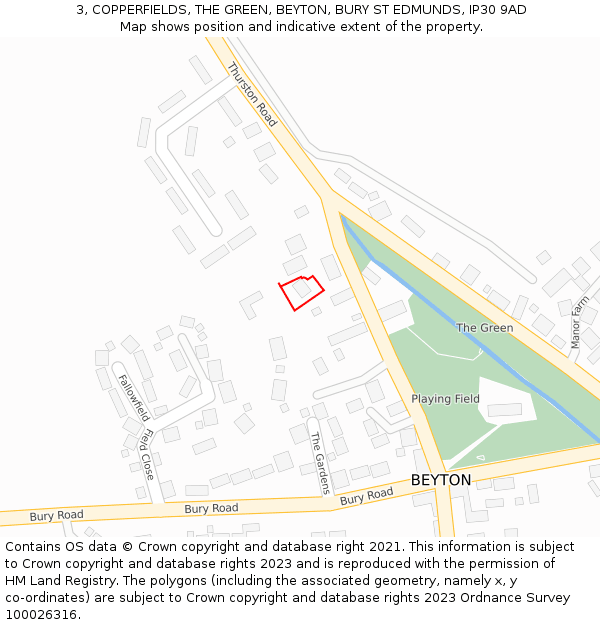 3, COPPERFIELDS, THE GREEN, BEYTON, BURY ST EDMUNDS, IP30 9AD: Location map and indicative extent of plot