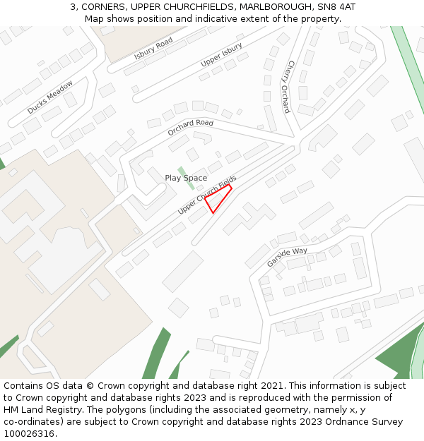 3, CORNERS, UPPER CHURCHFIELDS, MARLBOROUGH, SN8 4AT: Location map and indicative extent of plot