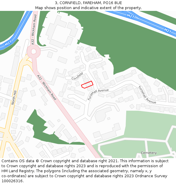 3, CORNFIELD, FAREHAM, PO16 8UE: Location map and indicative extent of plot