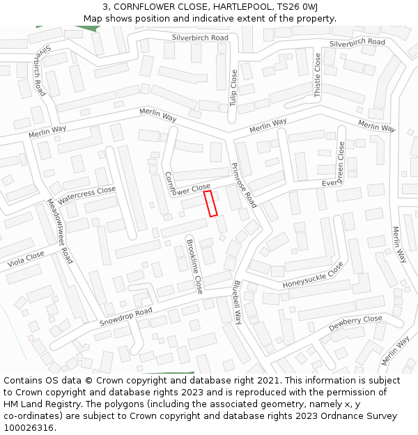 3, CORNFLOWER CLOSE, HARTLEPOOL, TS26 0WJ: Location map and indicative extent of plot