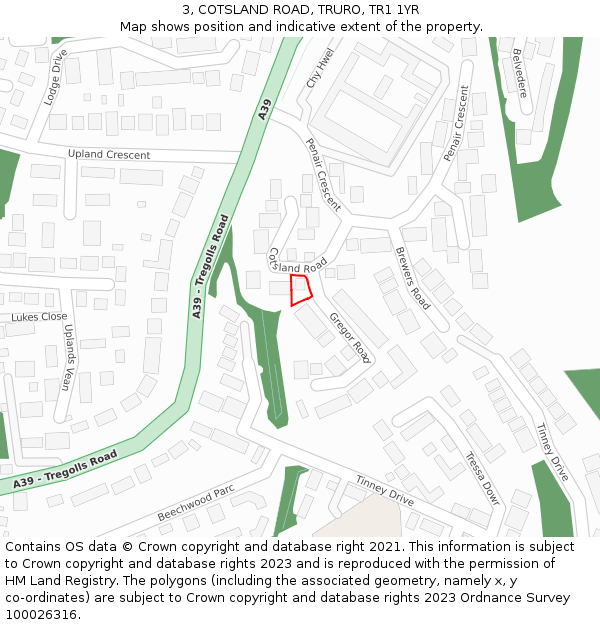 3, COTSLAND ROAD, TRURO, TR1 1YR: Location map and indicative extent of plot