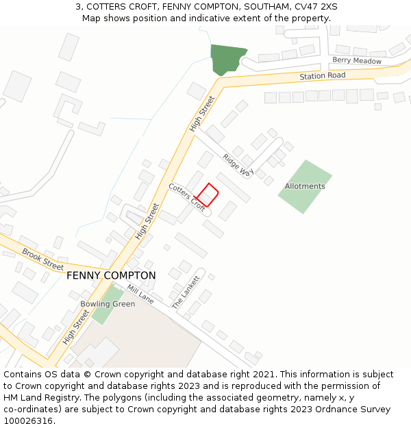 3, COTTERS CROFT, FENNY COMPTON, SOUTHAM, CV47 2XS: Location map and indicative extent of plot