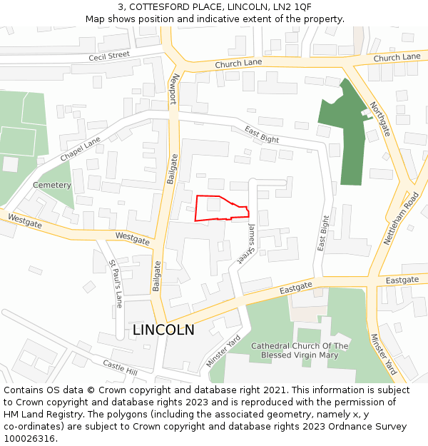 3, COTTESFORD PLACE, LINCOLN, LN2 1QF: Location map and indicative extent of plot