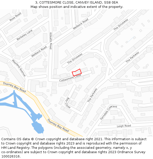 3, COTTESMORE CLOSE, CANVEY ISLAND, SS8 0EA: Location map and indicative extent of plot