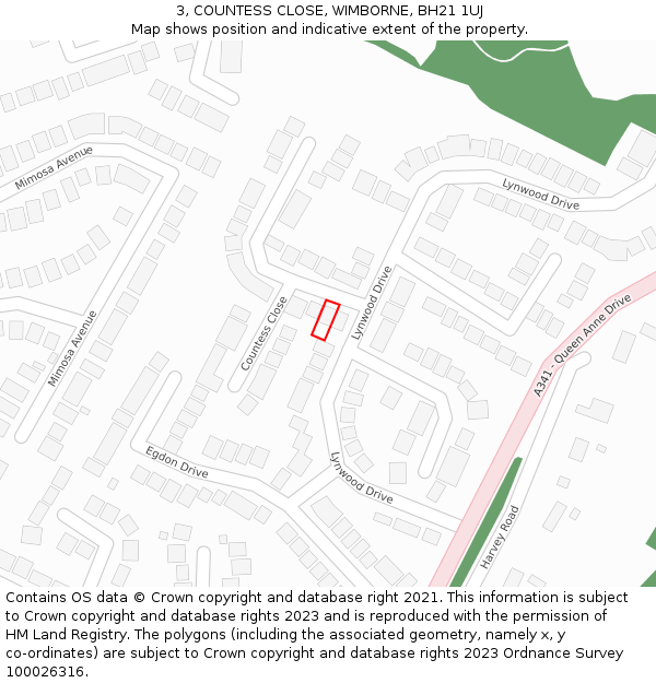 3, COUNTESS CLOSE, WIMBORNE, BH21 1UJ: Location map and indicative extent of plot